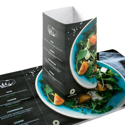 Papier Tischaufsteller, vierseitig.