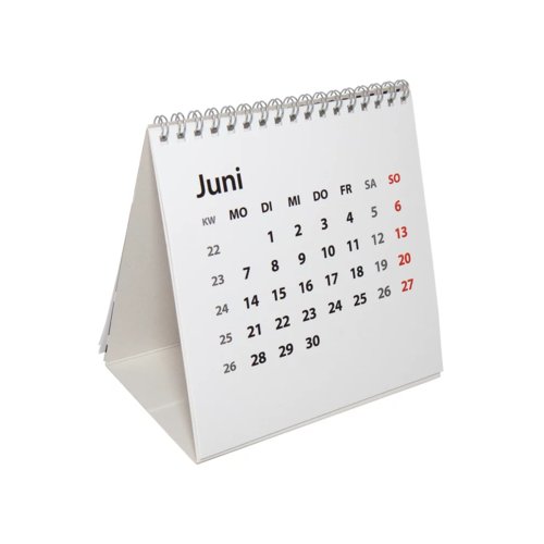 Calendrier de table avec reliure spirale et base triangulaire pliable.