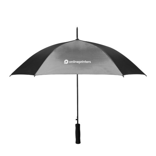 Parapluie automatique gris avec poigne courbe.