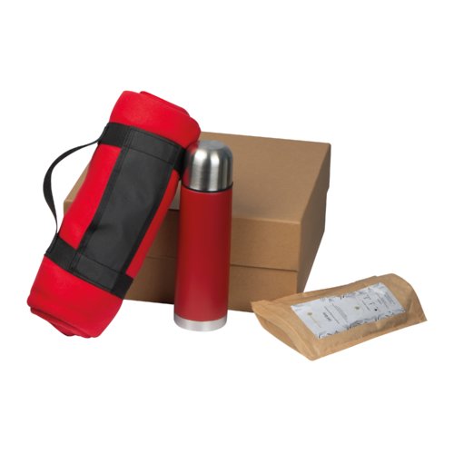 Coffret cadeau de th avec thermos, paquet de th et couverture.