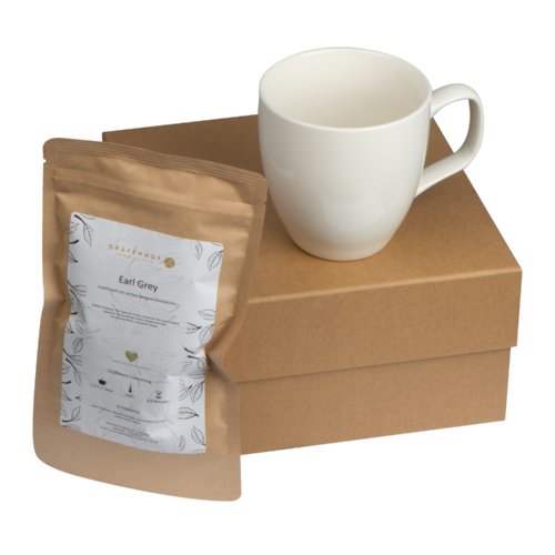 Coffret cadeau de th multicolore avec tasse et emballage.