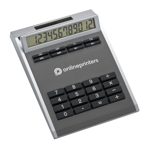 Calculatrice grise avec panneau solaire et boutons.