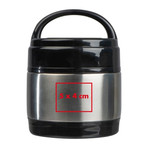 Bote alimentaire en acier inoxydable noir et argent avec poigne.