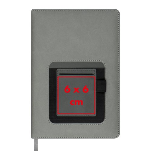 Carnet gris avec poche et lastique.