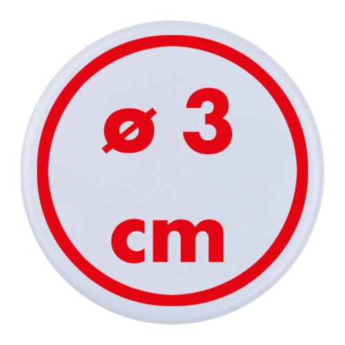 Badge blanc rond avec épingle.