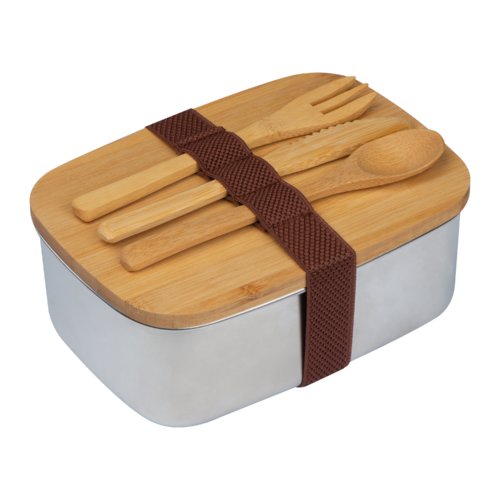 Bote  lunch beige en acier inoxydable avec couvercle en bambou et bande lastique.
