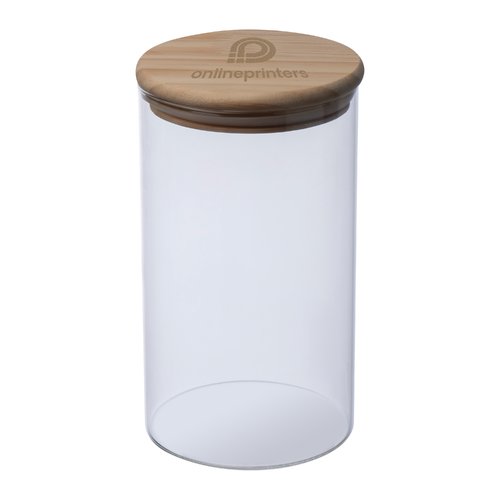 Bote de rangement transparente en verre avec couvercle en bois.