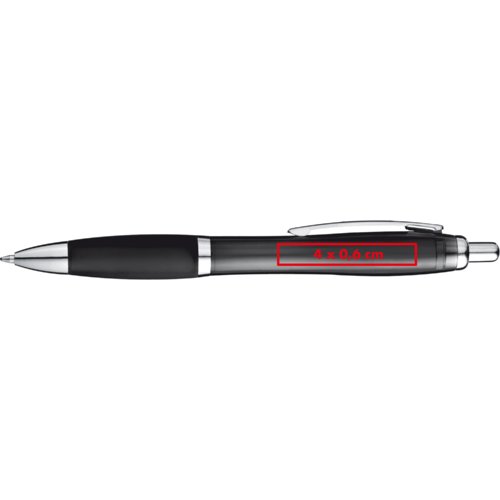 Stylo à bille en plastique noir avec clip et bouton-poussoir.