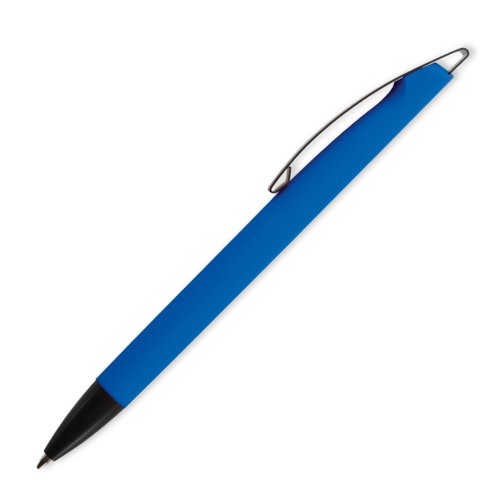 Stylo  bille en plastique bleu avec clip et bouton poussoir.