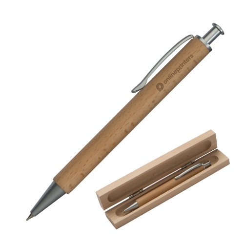 Stylo à bille en bois avec clip et étui assorti.