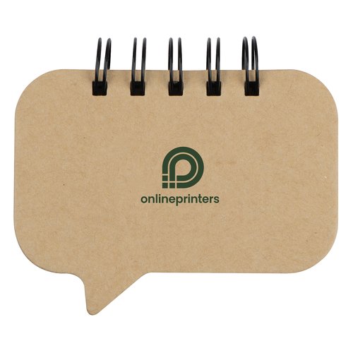 Bloc-notes brun en forme de bulle de dialogue avec reliure spirale.