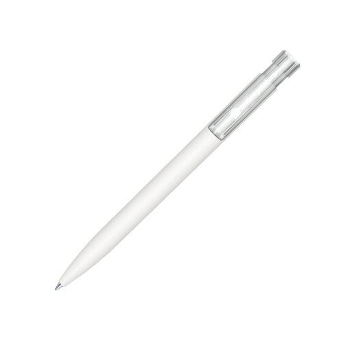 Stylo � bille blanc avec surface douce et bouton-poussoir.