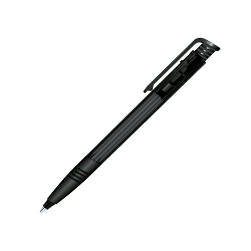 Stylo  bille noir en plastique avec mcanisme  poussoir et prise souple.