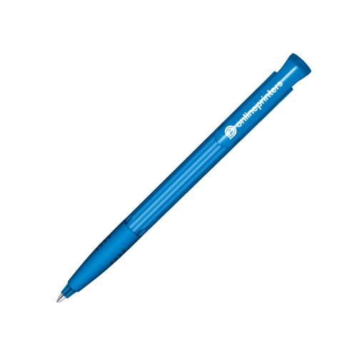 Stylo  bille bleu en plastique avec bouton poussoir et prise souple.