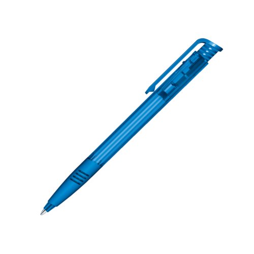 Stylo  bille bleu en plastique avec mcanisme  poussoir et clip.
