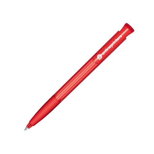Stylo  bille rouge en plastique avec mcanisme poussoir et prise souple.