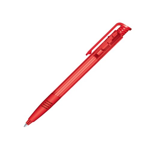 Stylo  bille rouge en plastique avec clip et mcanisme  bouton-poussoir.