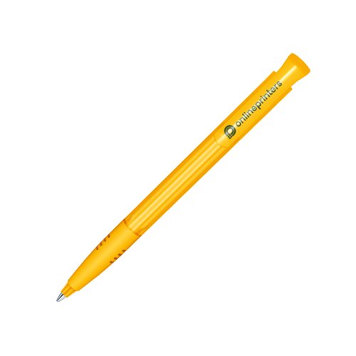 Stylo  bille jaune en plastique avec bouton-poussoir et grip souple.