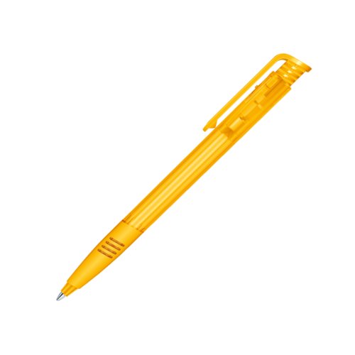 Stylo  bille en plastique jaune avec clip et mcanisme  bouton-poussoir.