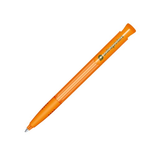 Stylo  bille orange en plastique avec mcanisme  poussoir et prise souple.
