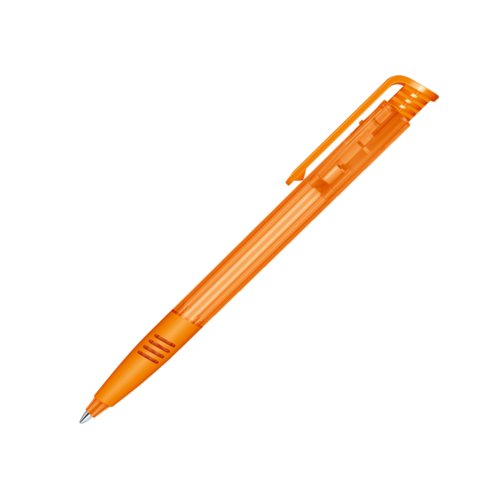 Stylo  bille orange en plastique avec mcanisme  bouton-poussoir et clip.