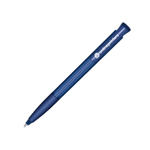 Stylo  bille en plastique bleu fonc avec bouton-poussoir et grip souple.