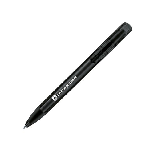 Stylo  bille transparent avec zone de prhension souple et mcanisme  poussoir.