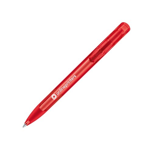 Stylo  bille rouge en plastique avec bouton-poussoir et grip souple.