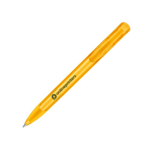 Stylo  bille jaune en plastique avec bouton-poussoir et soft grip.