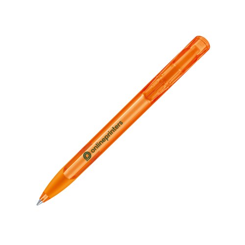 Stylo  bille orange en plastique avec bouton-poussoir et grip souple.