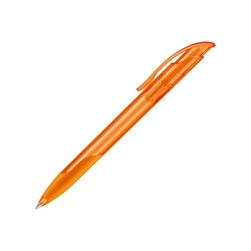 Stylo  bille orange en plastique avec grip souple et clip.