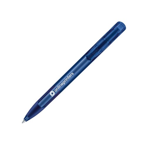 Stylo  bille en plastique bleu fonc avec mcanisme  poussoir et grip souple.