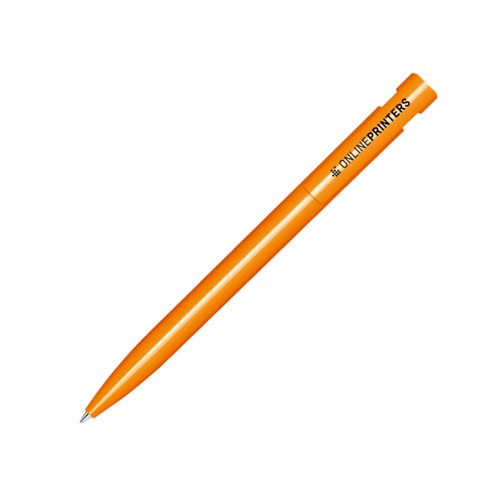 Stylo � bille orange en plastique avec finition brillante et m�canisme � poussoir.