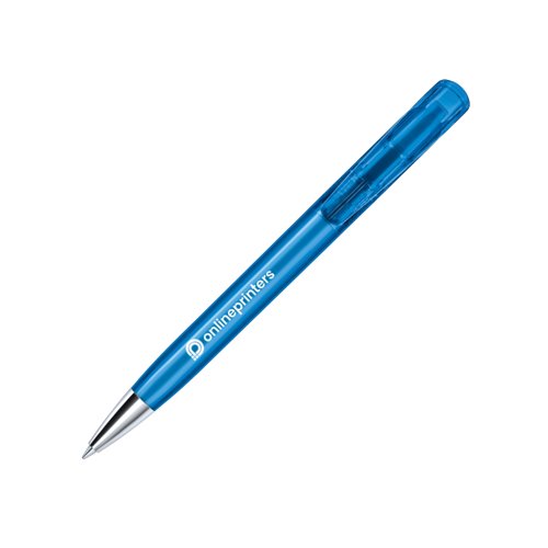 Stylo  bille en plastique bleu avec des lments en mtal et mcanisme  poussoir.