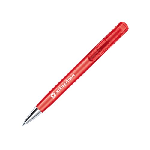Stylo  bille rouge en plastique avec pointe en mtal et mcanisme  poussoir.