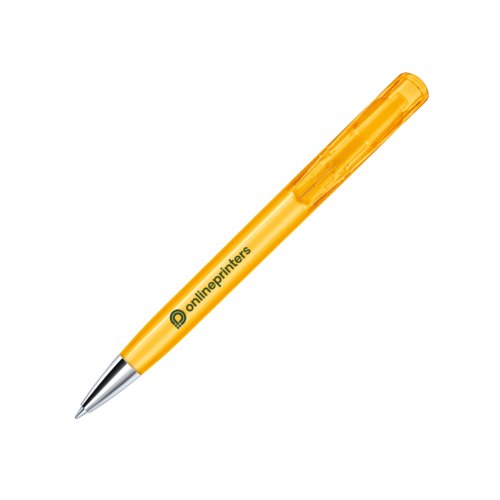 Stylo  bille en plastique jaune avec pointe en mtal et mcanisme  poussoir.