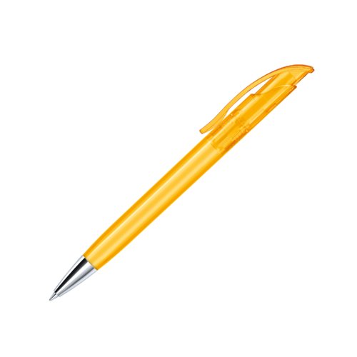 Stylo  bille jaune en plastique avec lments en mtal et clip.