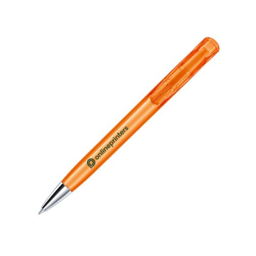 Stylo  bille orange en plastique avec lments mtalliques et mcanisme  poussoir.