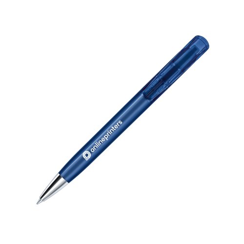 Stylo  bille en plastique bleu fonc avec pointe en mtal et bouton-poussoir.