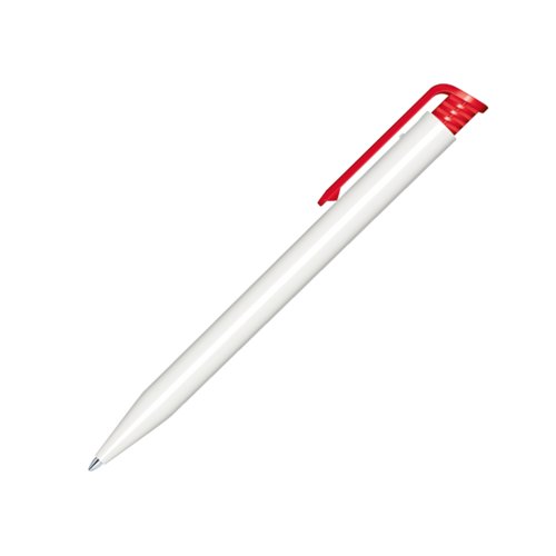 Stylo  bille en plastique blanc avec clip rouge et mcanisme  pression.