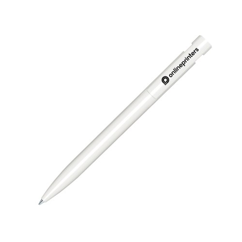 Stylo  bille en plastique blanc avec finition brillante et mcanisme  poussoir.