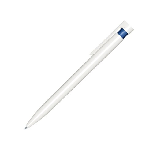 Stylo  bille en plastique bleu fonc avec clip et mcanisme  poussoir.
