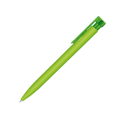 Stylo  bille vert en bioplastique avec clip et bouton-poussoir.