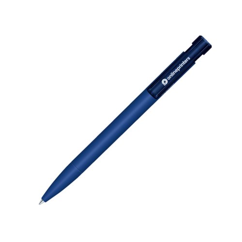 Stylo  bille bleu fonc en bioplastique avec bouton poussoir.