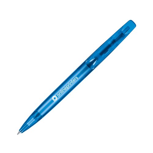 Stylo  bille rtractable bleu en plastique avec motif.