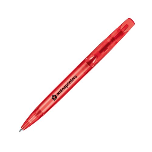 Stylo  bille rotatif en plastique rouge avec corps transparent.