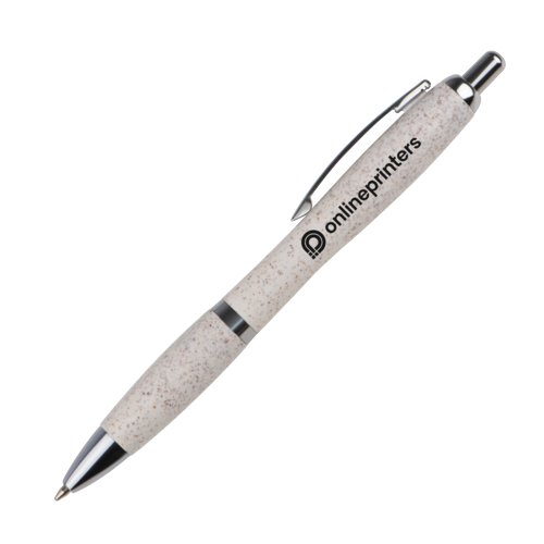 Stylo  bille beige en paille de bl avec clip et bouton-poussoir.