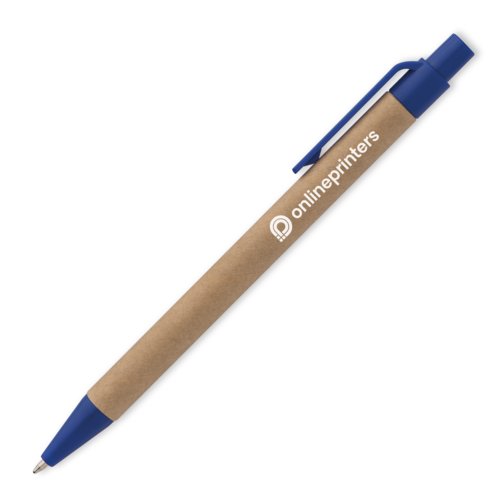Stylo  bille bleu en papier avec clip et mcanisme  pression.