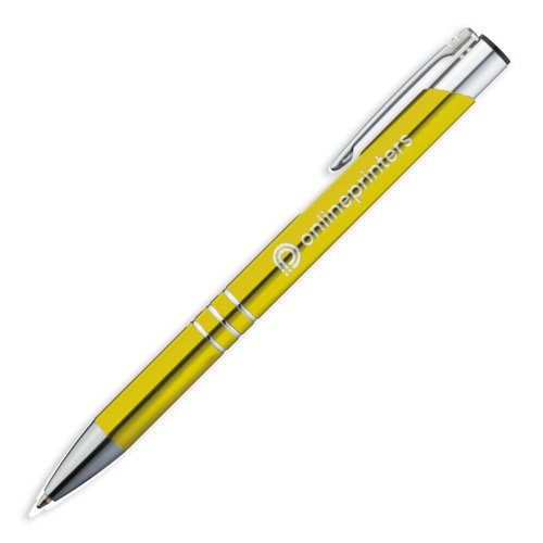 Stylo  bille en mtal jaune avec clip et bouton-poussoir.