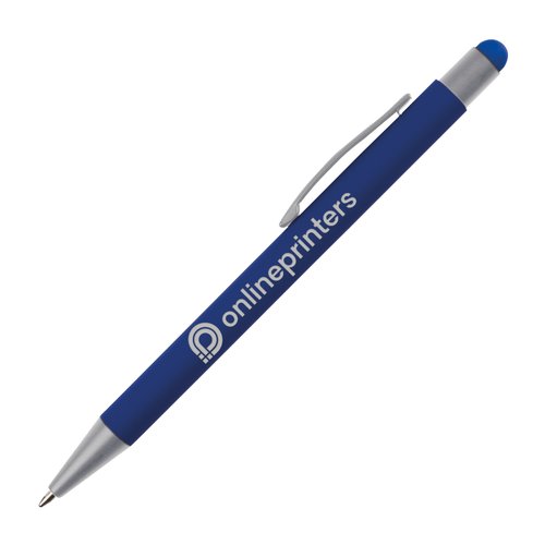 Stylet tactile bleu avec clip et embout en caoutchouc.